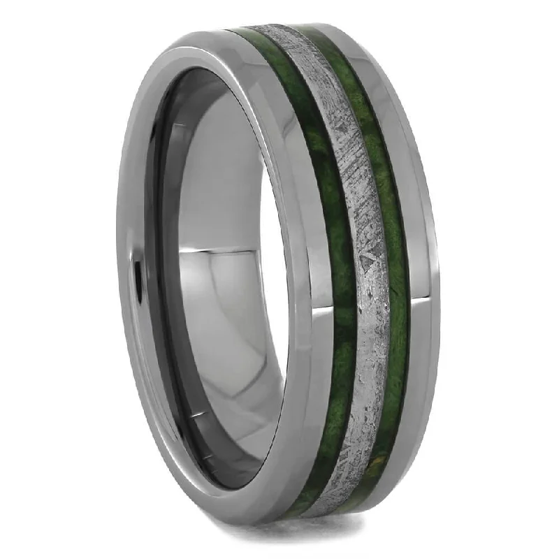 Meteorite Wedding Band with Green Burl Wood