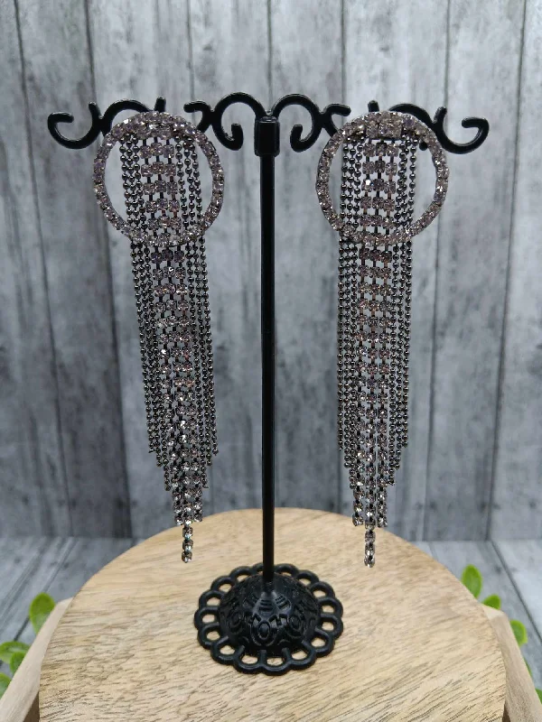 Gunmetal Circle & Dangle Tassel Earrings w/ Rhinestones