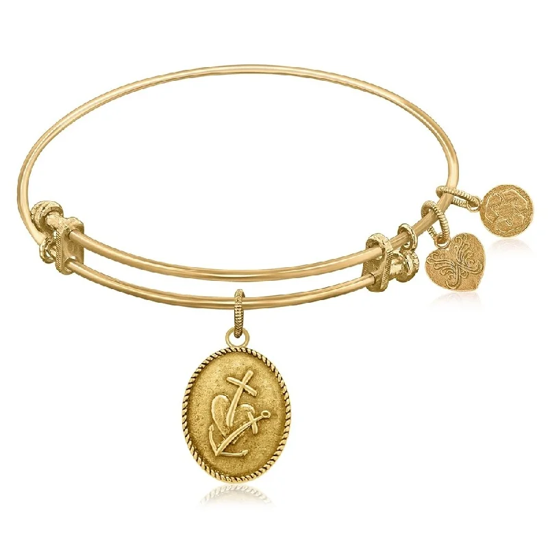 Expandable Bangle in Yellow Tone Brass with Faith Hope and Charity Symbol