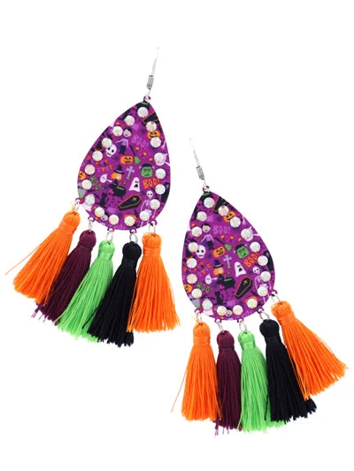 Purple Teardrop Earrings w/ Halloween Pattern & Orange, Black, Green, & Purple Tassels