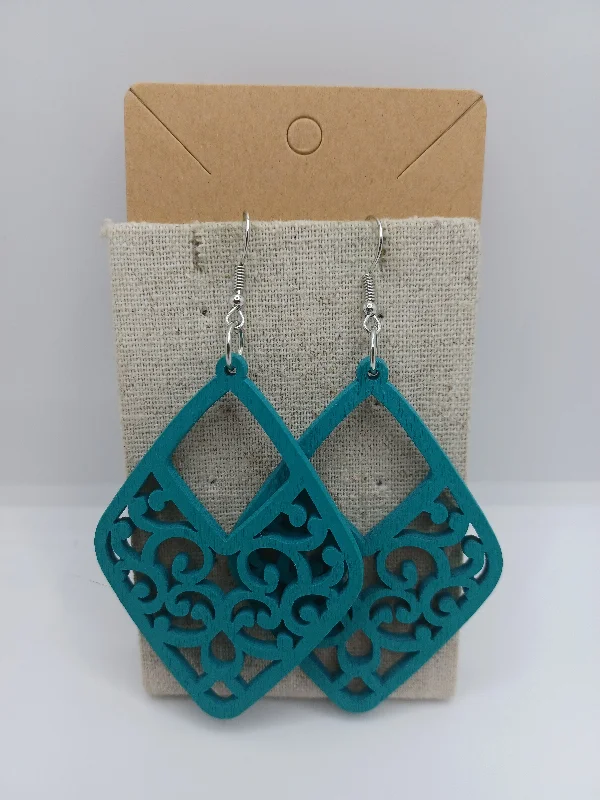 Wooden Teal Cutout Earrings