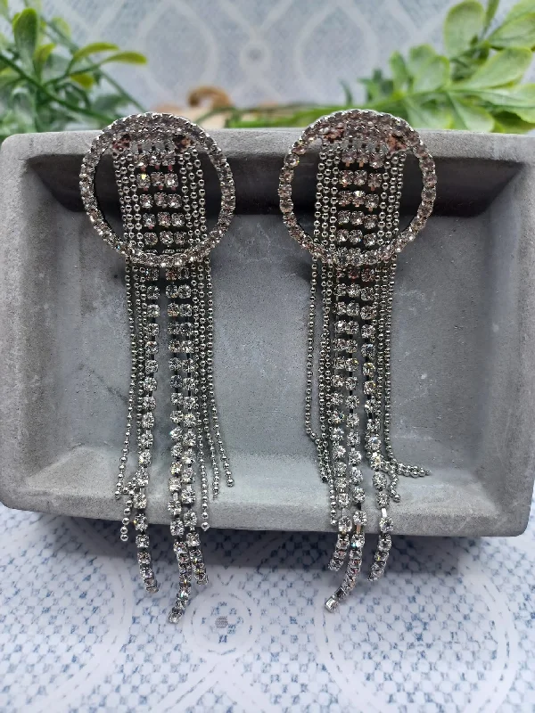 Silver Rhinestone Circle Earrings w/ Rhinestone Tassels