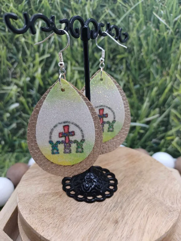 Easter Bunny & Cross Double Layered Leather Style Earrings