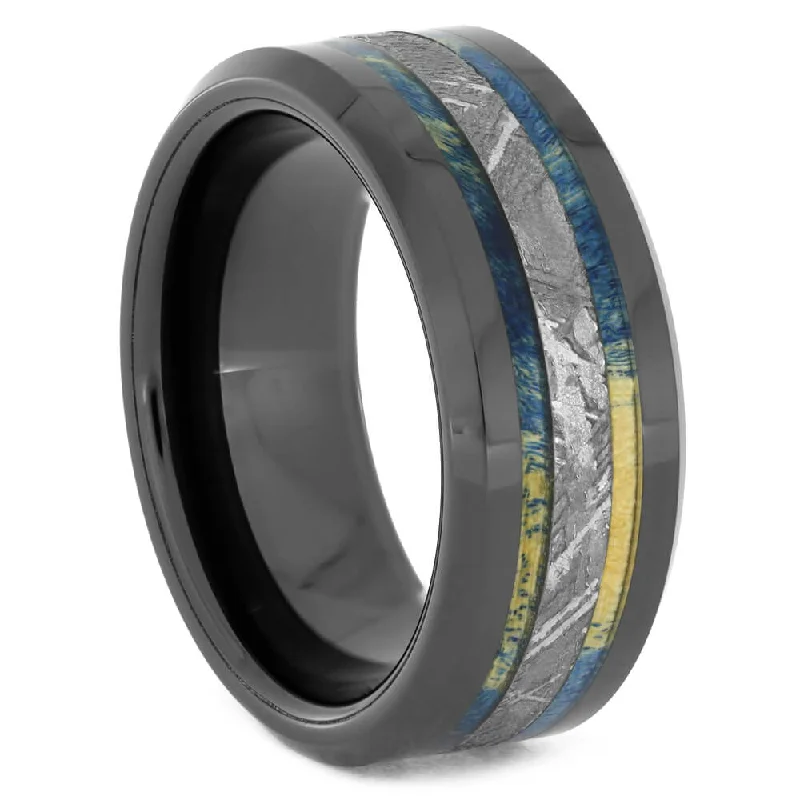 Blue Wood Ring with Meteorite and Black Ceramic