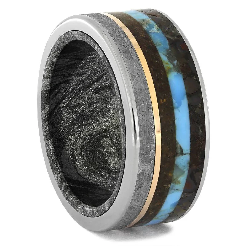 Crazy Unique Ring with Meteorite & Dinosaur Bone