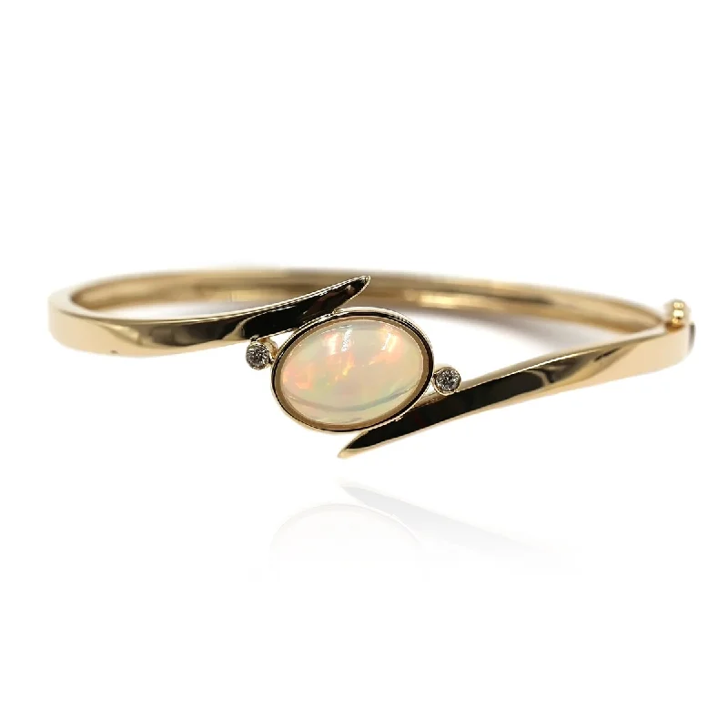 14KT Yellow Gold Ethiopian Opal and White Diamond Bangle