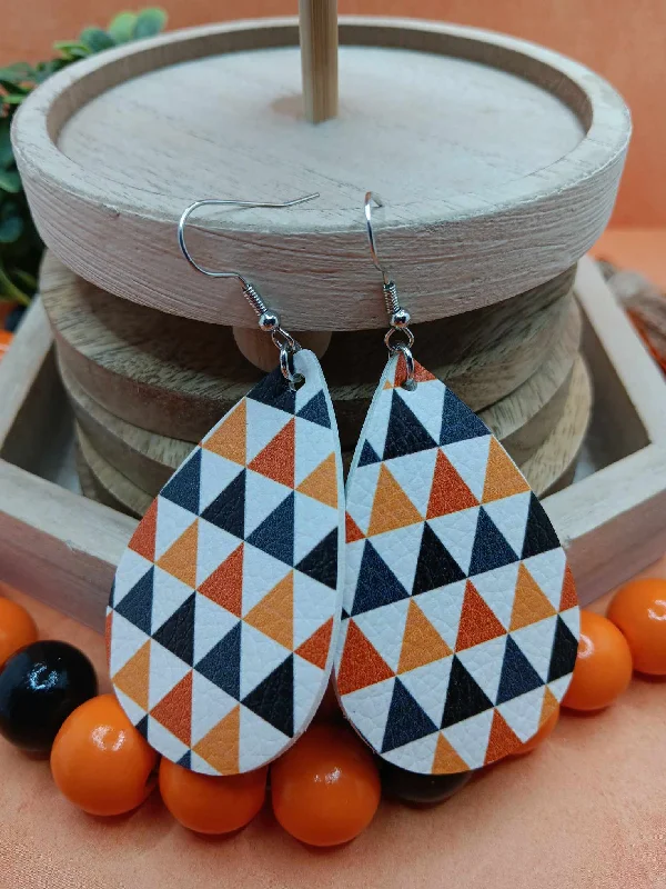 Orange & Black Triangle Design Leather Style Earrings