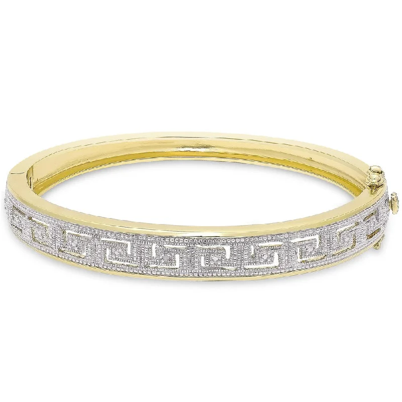 Finesque Gold Overlay Diamond Accent Greek Key Bangle (I-J, I2-I3)