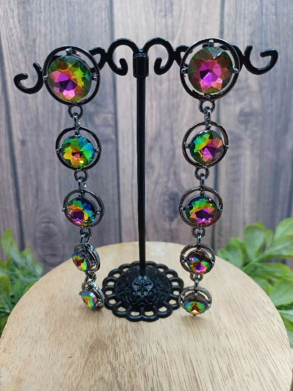 Gunmetal Style Earrings w/ Oil Spill Rhinestones