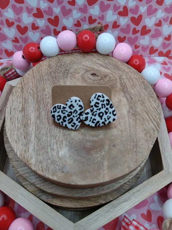 White Leopard Clay Style Heart Earrings