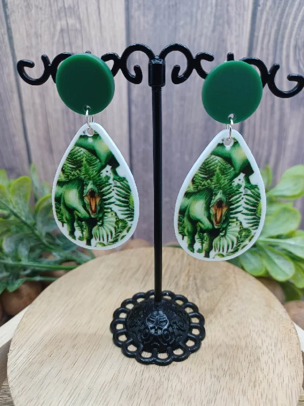 Green Dinosaur Teardrop Earrings