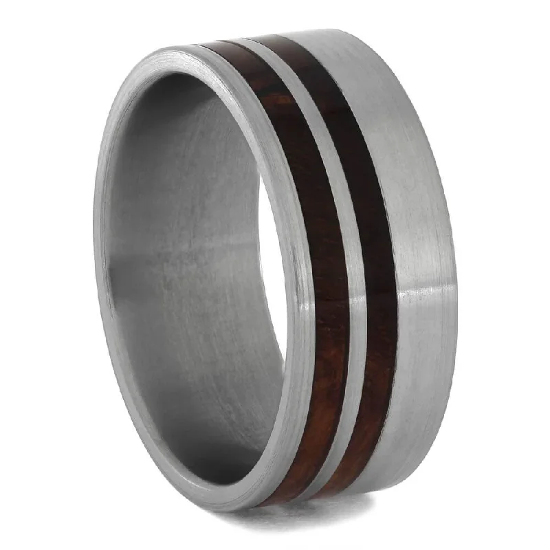 Titanium Ring with Two Wood Pinstripes