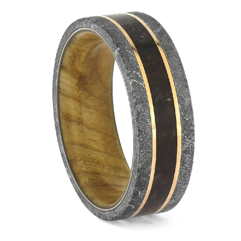 Wood-Sleeved Ring Featuring Dinosaur Bone and Meteorite