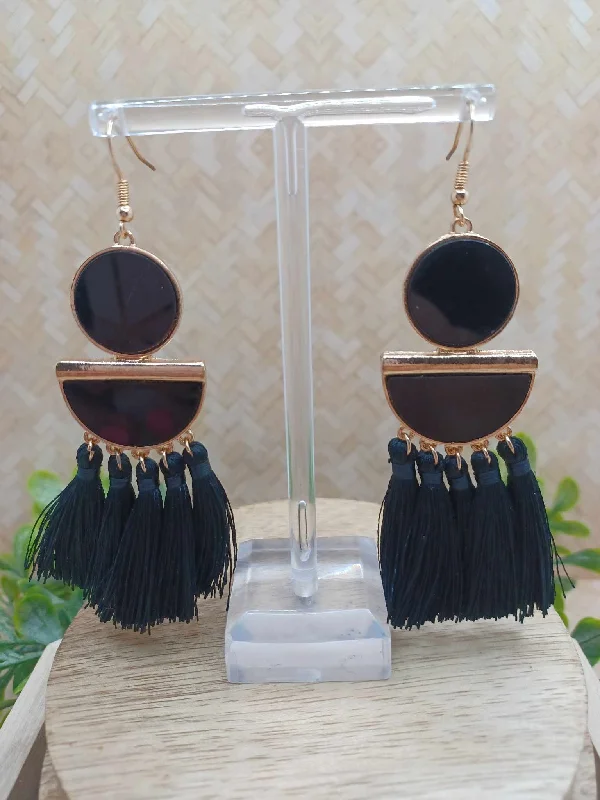 Black Enamel Earrings w/ Black Tassels