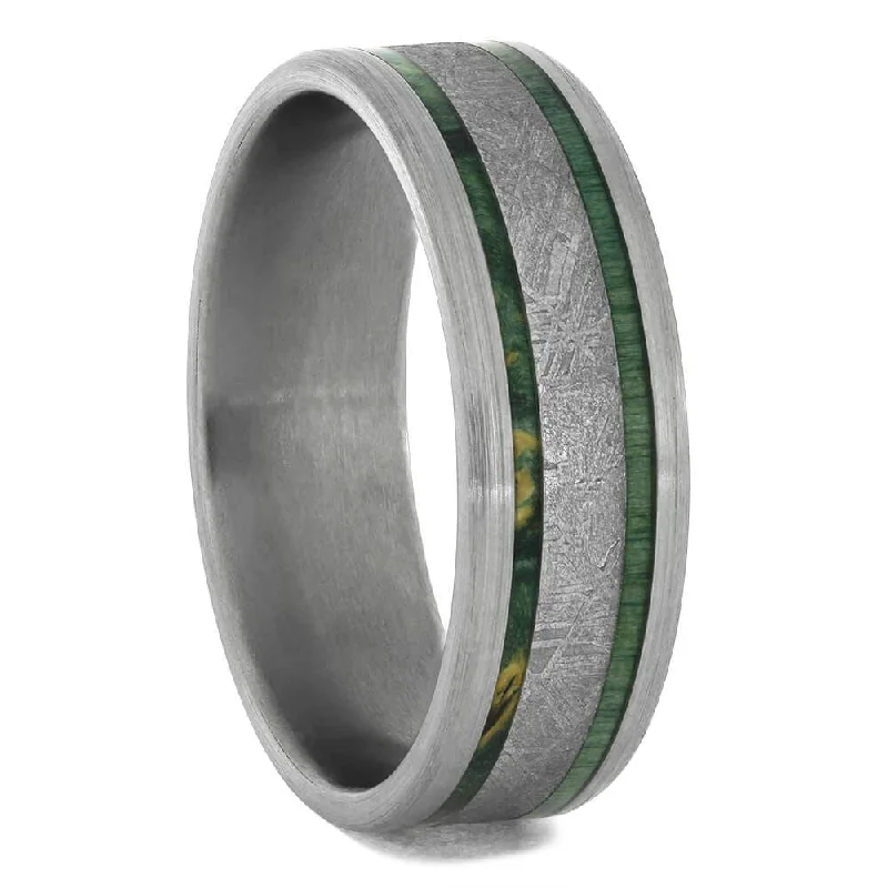 Meteorite and Green Box Elder Wood Ring for Men