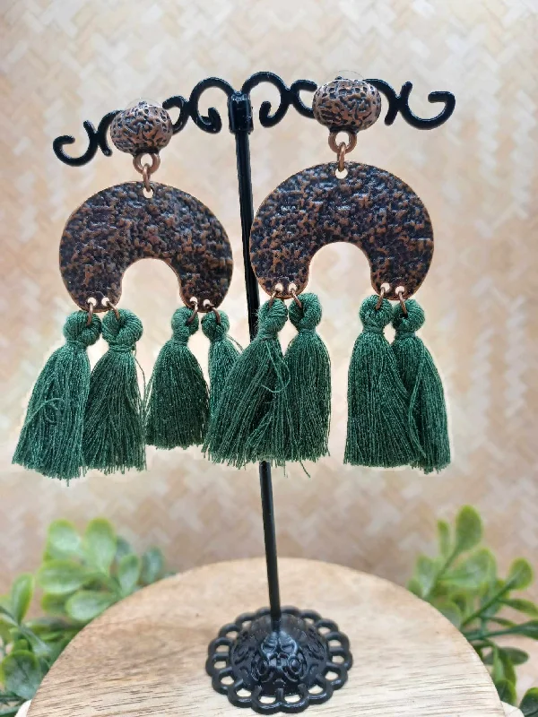 Copper Textured Earrings w/ Hunter Green Tassels