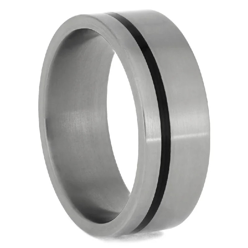 Matte Titanium Men's Wedding Band with Thin Black Enamel Stripe