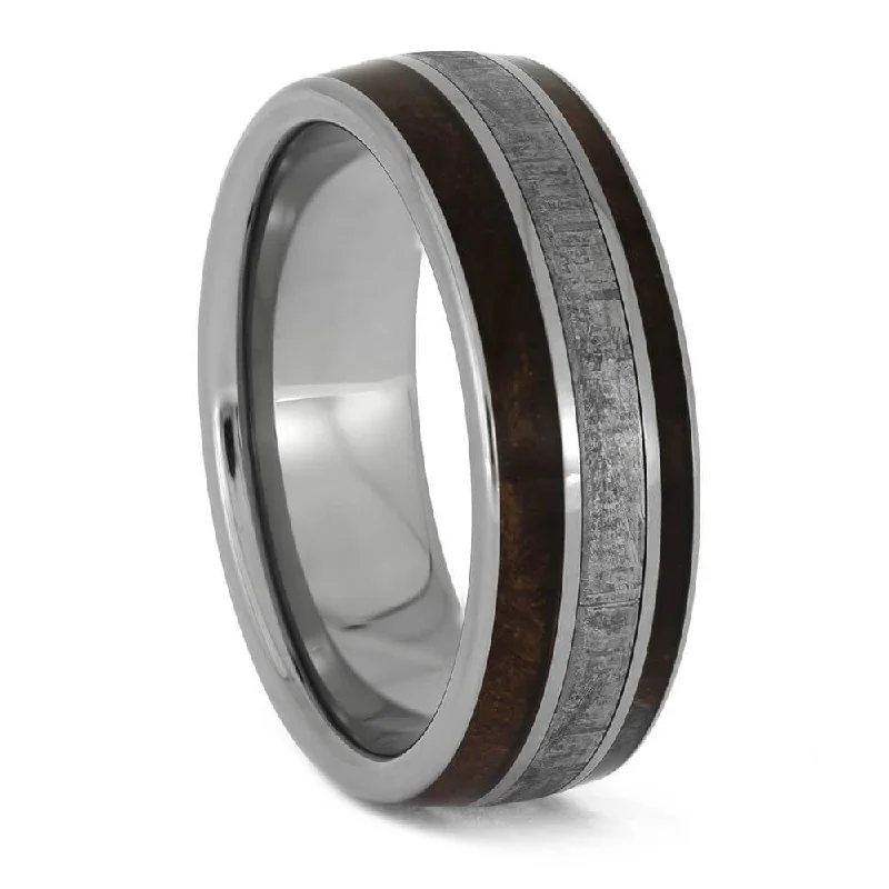 Rich Coffee-Colored Wood and Meteorite in Titanium Band