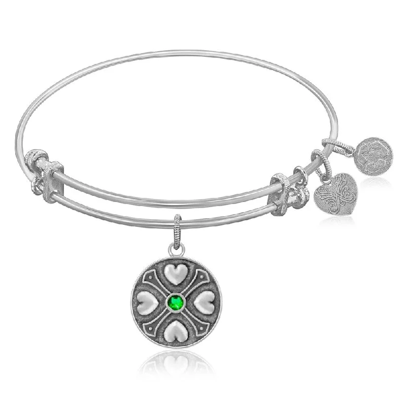 Expandable Bangle in White Tone Brass with Emerald May Symbol