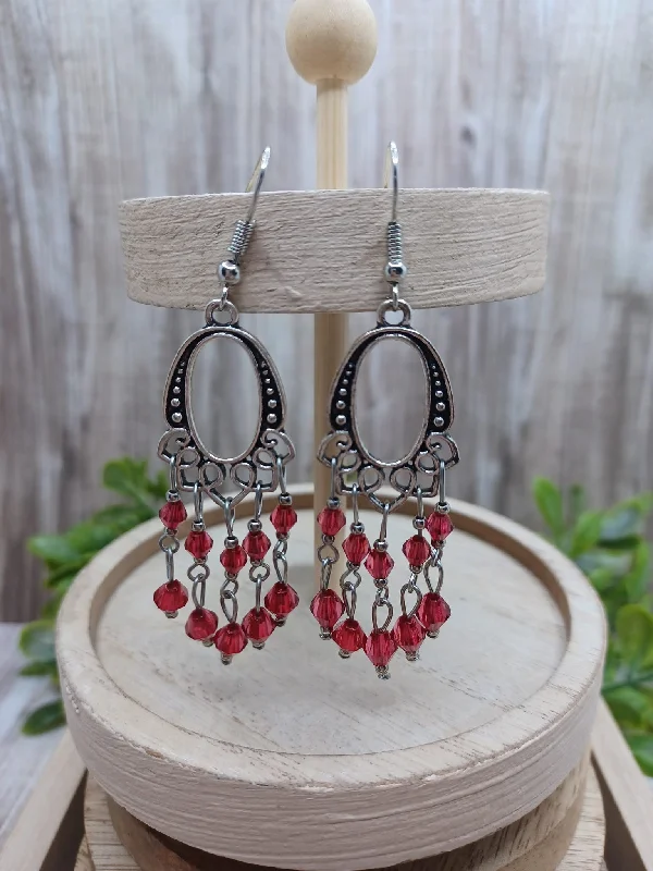 Antiqued Silver Oval Earrings w/ Red Drop Style Beaded Tassels