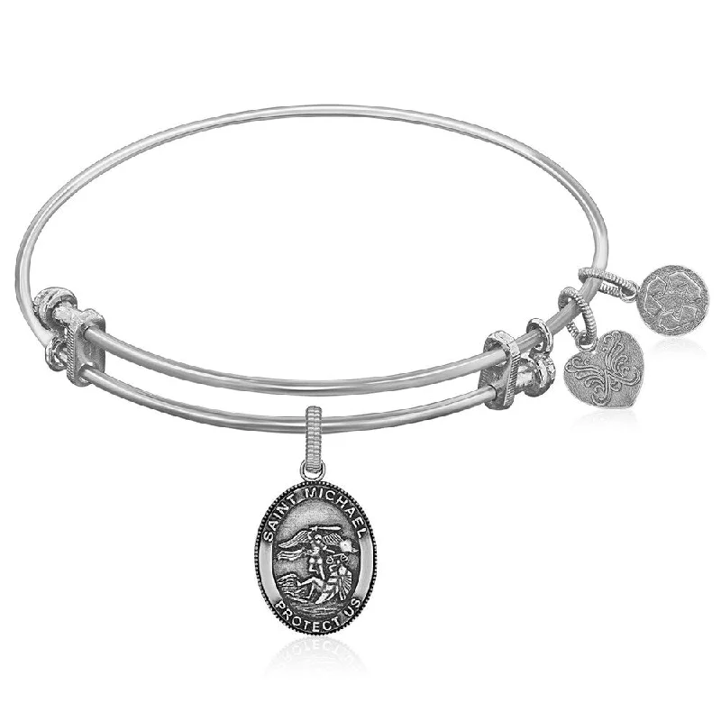 Expandable White Tone Brass Bangle with St. Michael Symbol