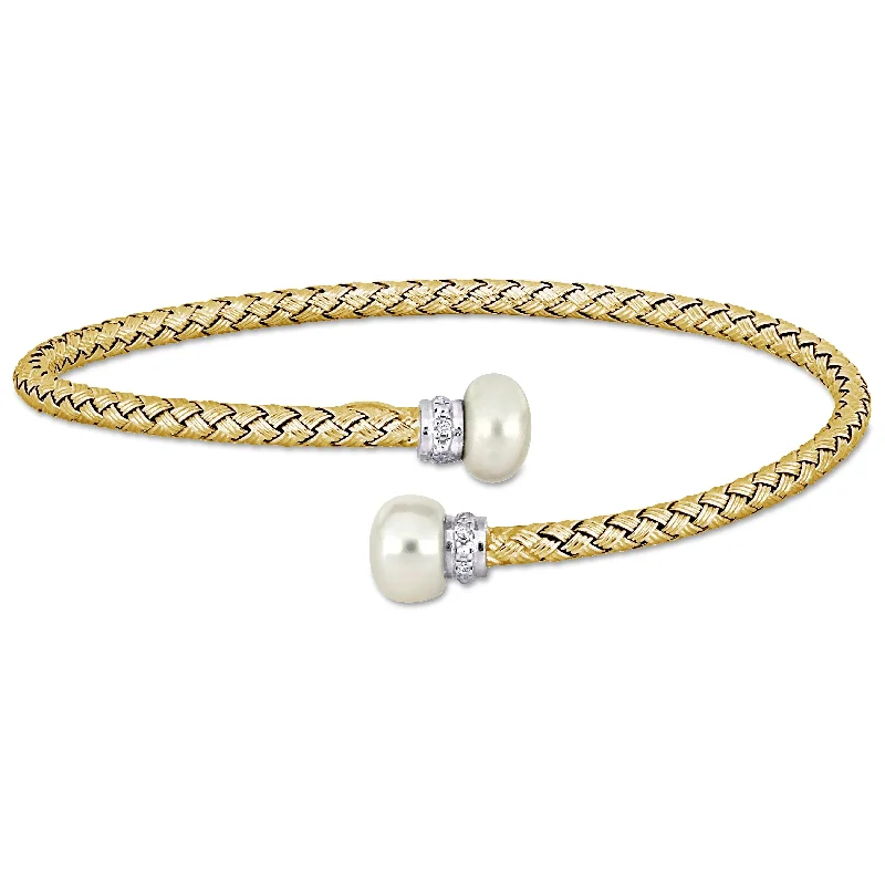 Miadora 7-7.5mm Cultured Freshwater Pearl and 1/10ct TGW Cubic Zirconia Bangle in 2-Tone Silver