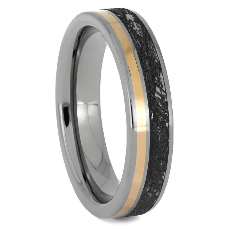 Mimetic Meteorite Wedding Band with Gold Pinstripe