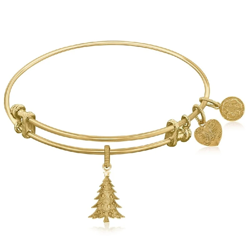 Expandable Bangle in Yellow Tone Brass with Christian Tree Oh Tannenbaum Symbol