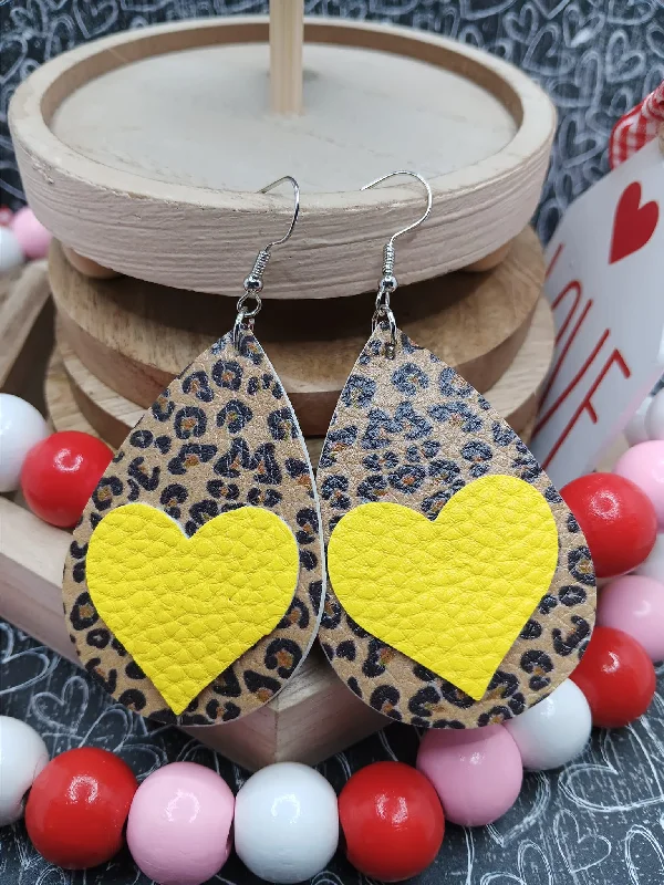 Leopard Heart Earrings w/ Yellow Heart