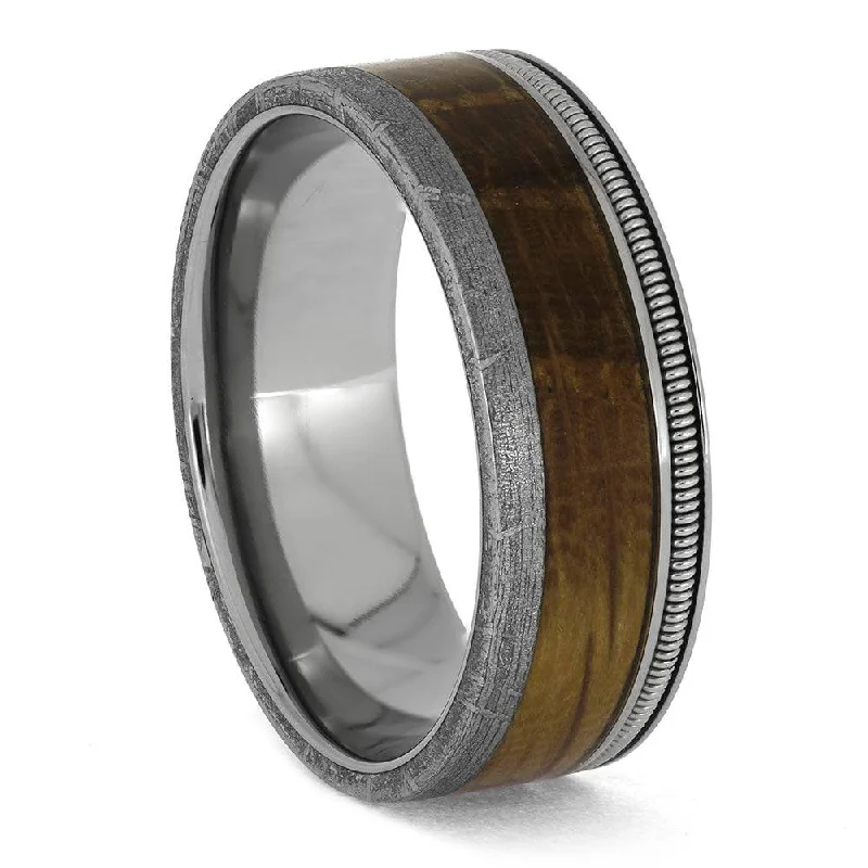 Meteorite and Guitar String Ring with Wood Inlay