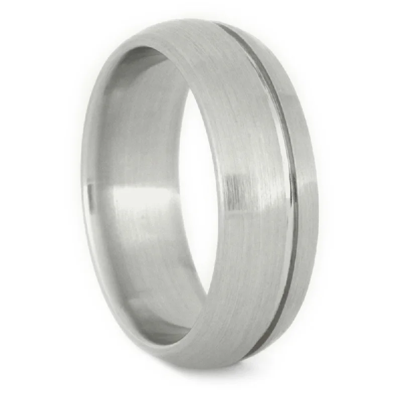 White Gold Men's Wedding Band with a Grooved Pinstripe