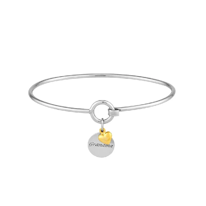 Curata 925 Sterling Silver 14k Yellow Gold 7" Dangling Heart GRANDMA Disk Hook Bangle