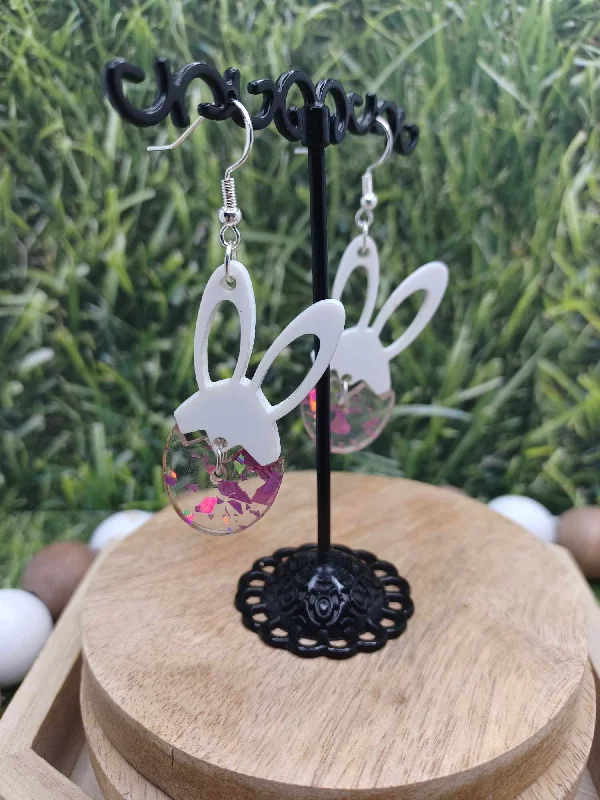 White & Pink Bunny in an Egg Earrings