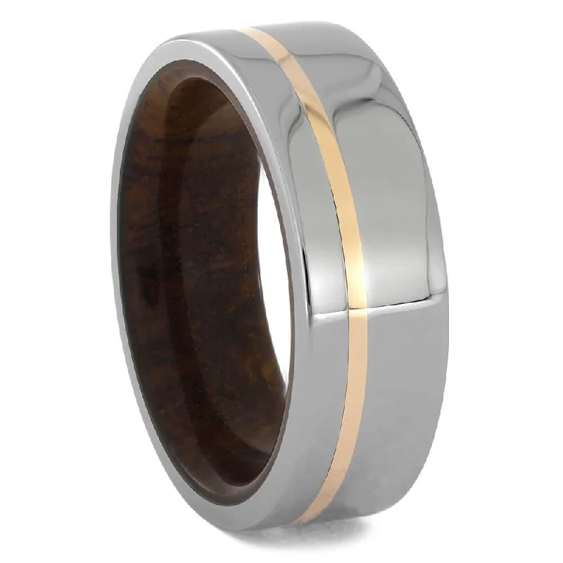 Ironwood and Titanium Wedding Band with Rose Gold Accent