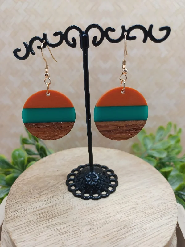 Acrylic Orange, & Wooden Circle Earrings