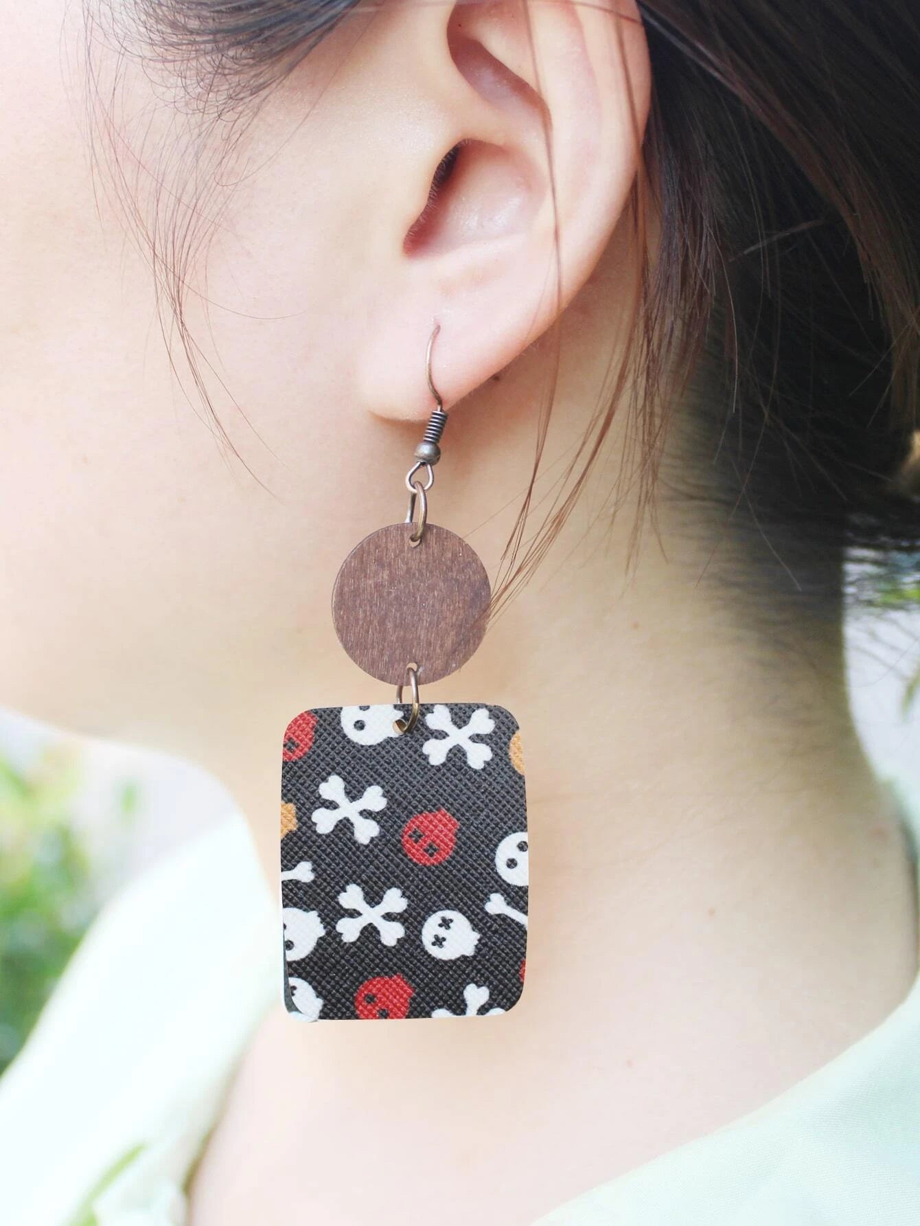 Skull & Crossbones Print Halloween Earrings w/ Wooden Accent