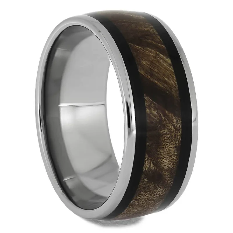 Maple Burl Wood & Blackwood Ring in Titanium