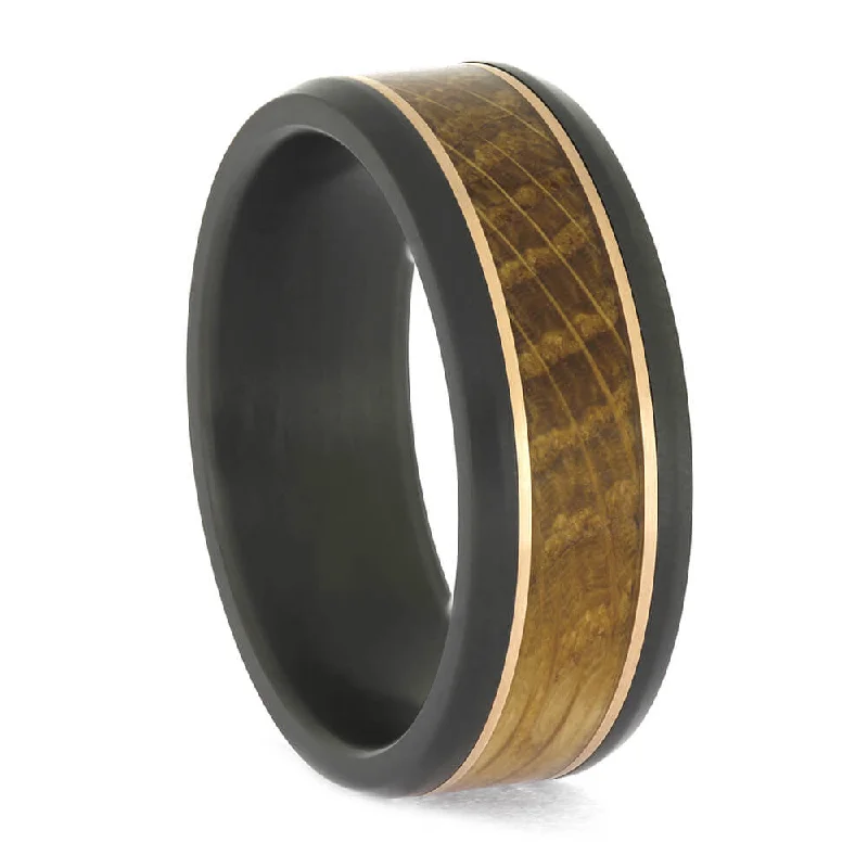 Wood and Zirconium Ring with Gold Pinstripes