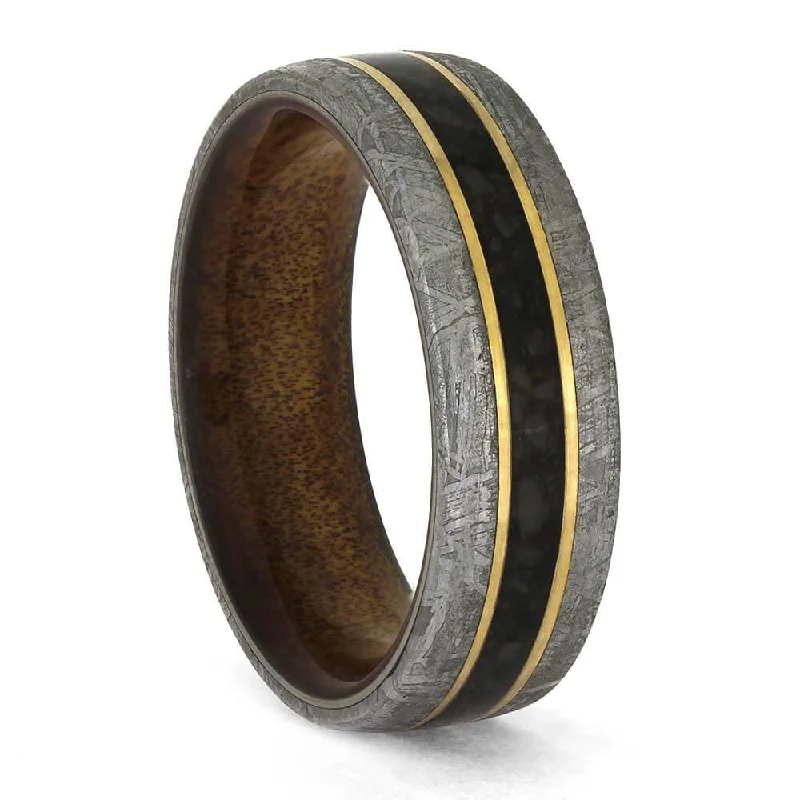 Kauri Wood Sleeved Ring with Meteorite, Dinosaur Bone, and Gold Pinstripes