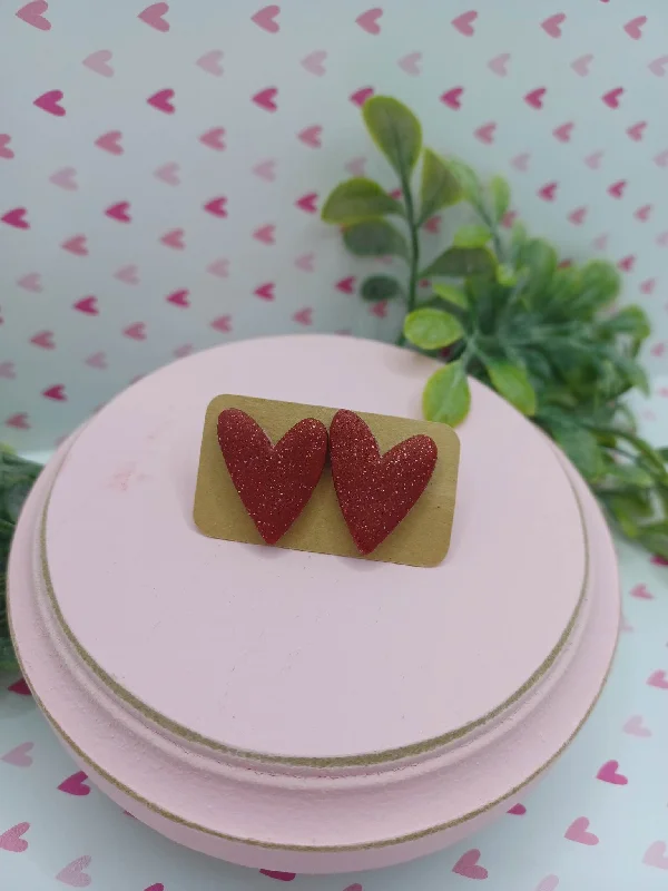 Deep Red Heart Glitter Clay Earrings