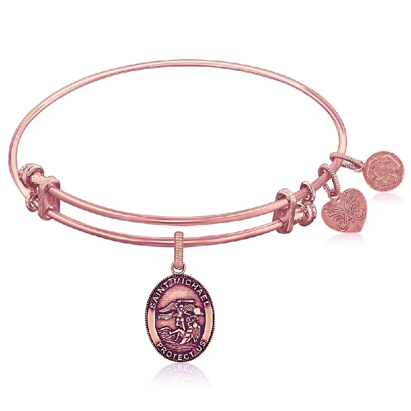 Expandable Pink Tone Brass Bangle with St. Michael Symbol