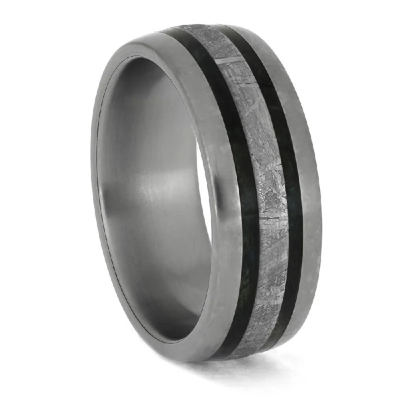 Deep Teal Burl Wood and Meteorite Ring in Titanium Band