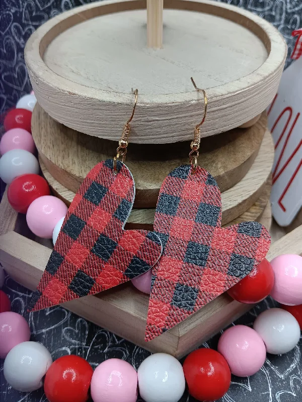 Red Plaid Elongated Heart Leather Style Earrings