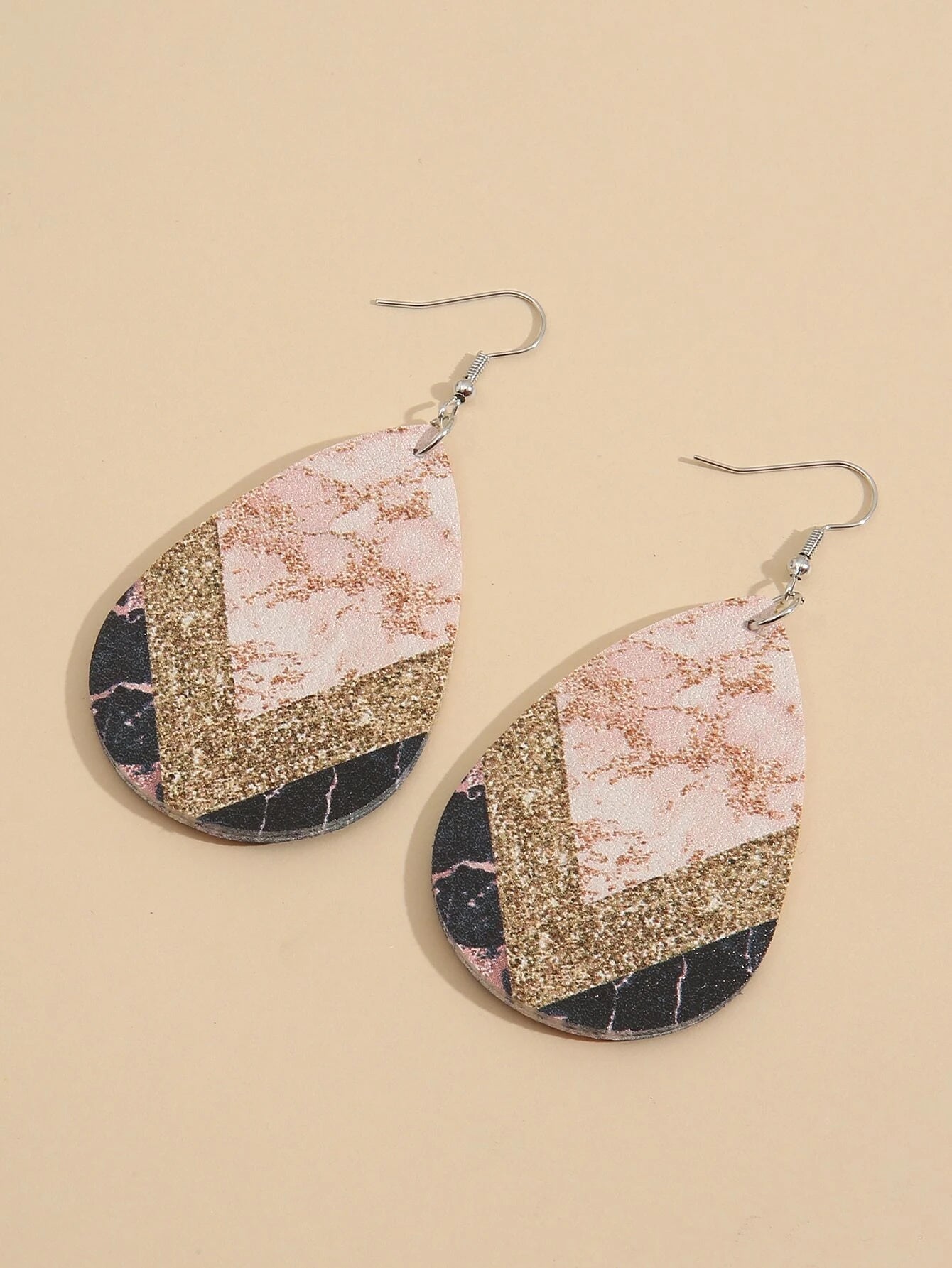 Pink and Black Marble Leather Style Earrings