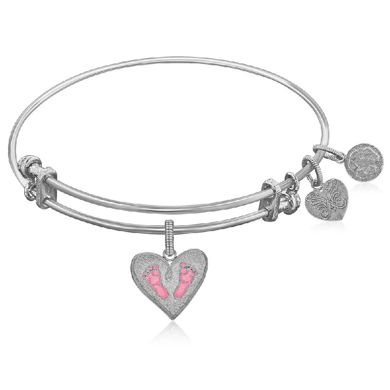 Expandable White Tone Brass Bangle with Pink Enamel Baby Foot Print Symbol