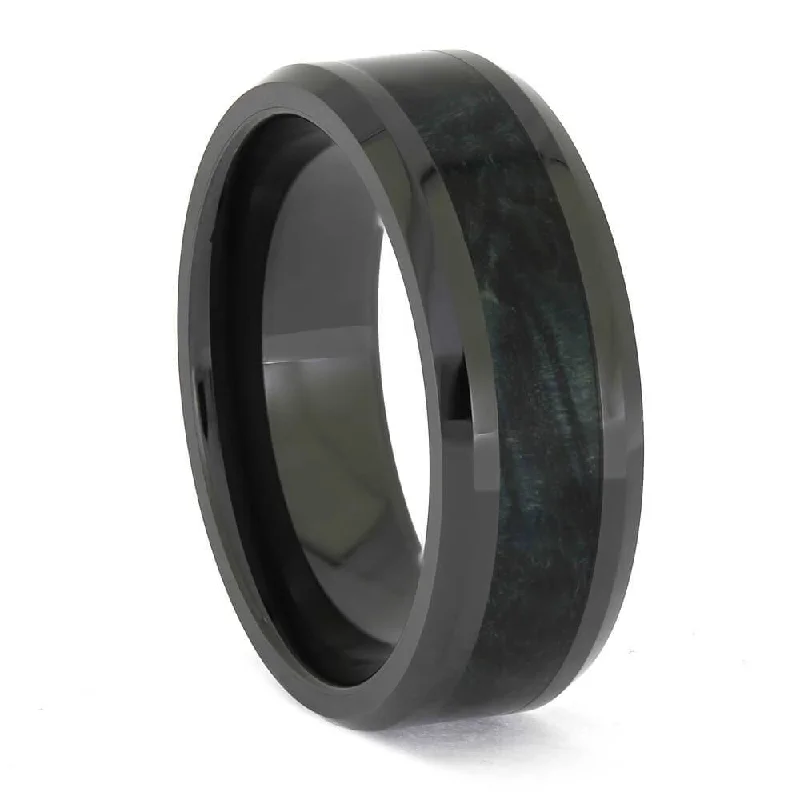 Mysterious Deep Blue Wood Ring in Black Ceramic