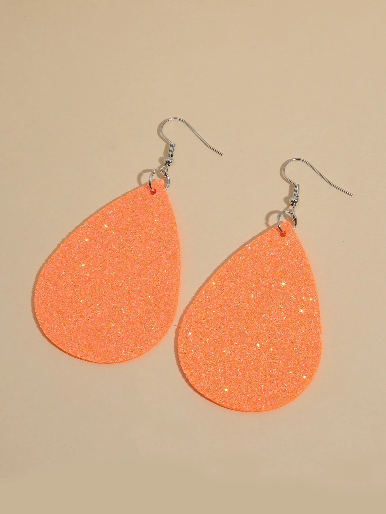 Neon Orange Glitter Teardrop Shaped Earrings