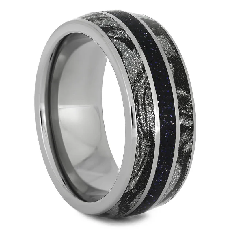 Blue Goldstone Wedding Band with Mokume