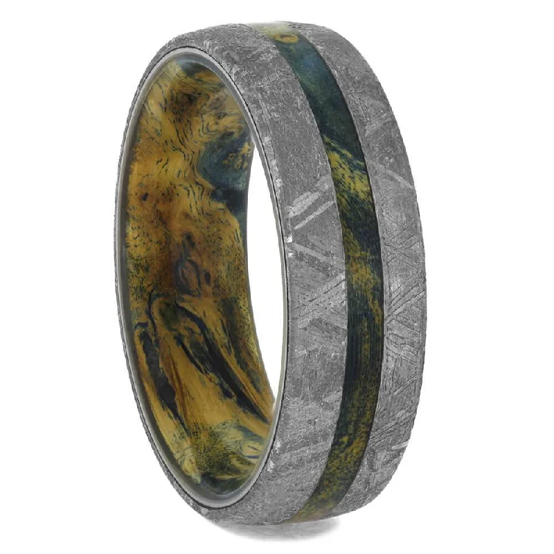 Blue Wood Wedding Band with Meteorite Edges