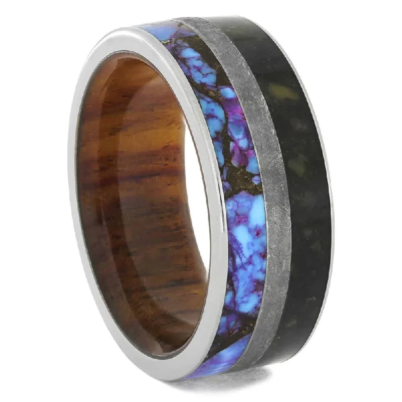 Dinosaur Bone Ring with Meteorite and Purple Turquoise